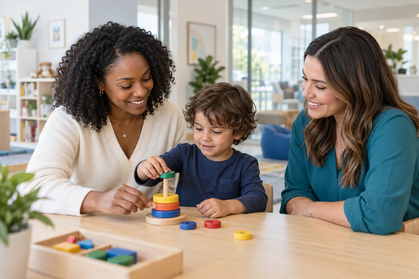 Illustrative scene of two women clinicians supporting a child during a learning activity